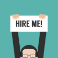 drawing of man holding hire me sign